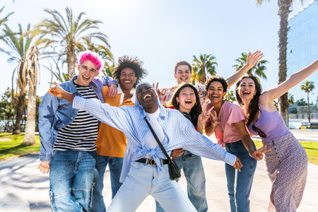 Multiethnic group of young happy friends hanging out in the city - Multiracial group of students meeting and having fun outdoors, concepts about youth, teenage, diversity and lifestyleの写真素材