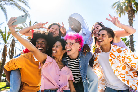 Multiethnic group of young happy friends hanging out in the city - Multiracial group of students meeting and having fun outdoors, concepts about youth, teenage, diversity and lifestyleの写真素材