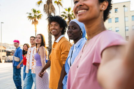 Multiethnic group of young happy friends hanging out in the city - Multiracial group of students meeting and having fun outdoors, concepts about youth, teenage, diversity and lifestyleの写真素材