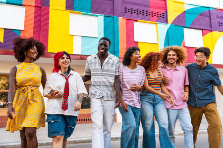 Multiethnic group of young friends meeting and having fun outdoors - Multiracial happy and stylish teen students bonding in the city, concepts about youth, teenagers lifestyle and diversityの写真素材
