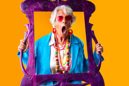 Beautiful senior woman with gray hair wearing colorful stylish clothing portrait in studio -...