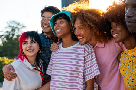 Multiethnic group of young friends meeting and having fun outdoors - Multiracial happy and stylish teen students bonding in the city, concepts about youth, teenagers lifestyle and diversityの写真素材