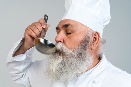 Senior old man with cooking chef uniform and gray beard portrait in studio - Funny stylish older male adult with cool style, concepts about elderly and lifestyleの写真素材