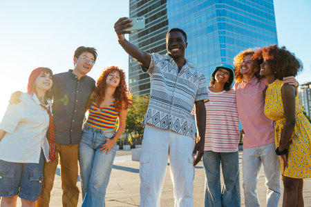 Multiethnic group of young friends meeting and having fun outdoors - Multiracial happy and stylish teen students bonding in the city, concepts about youth, teenagers lifestyle and diversityの写真素材