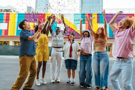 Multiethnic group of young friends meeting and having fun outdoors - Multiracial happy and stylish teen students bonding in the city, concepts about youth, teenagers lifestyle and diversityの写真素材
