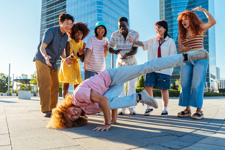 Multiethnic group of young friends meeting and having fun outdoors - Multiracial happy and stylish teen students bonding in the city, concepts about youth, teenagers lifestyle and diversityの写真素材