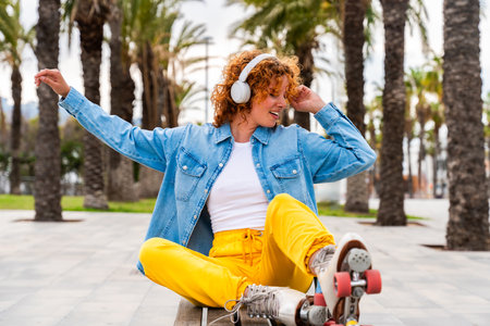 Beautiful red haired young woman with rollerskates having fun outdoors - Pretty female teenager girl...