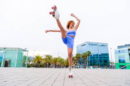 Beautiful red haired young woman with rollerskates having fun outdoors - Pretty female teenager girl...