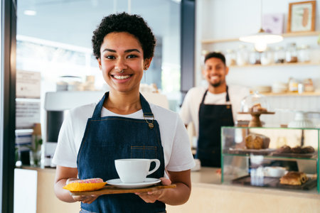 Bakery, happy portrait of hispanic black man and woman in cafe ready for serving pastry, coffee and baked foods - Confident waiter barista by counter for service, help and welcome in a coffee shopの写真素材