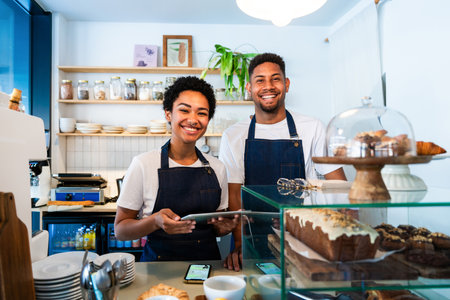 Bakery, happy portrait of hispanic black man and woman in cafe ready for serving pastry, coffee and baked foods - Confident waiter barista by counter for service, help and welcome in a coffee shopの写真素材
