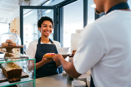 Bakery, happy portrait of hispanic black man and woman in cafe ready for serving pastry, coffee and baked foods - Confident waiter barista by counter for service, help and welcome in a coffee shopの写真素材