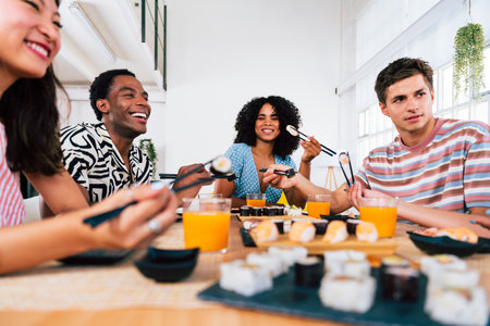 Multiethnic group of young friends meeting at home and eating sushi - Multiracial happy people bonding while having lunchの写真素材