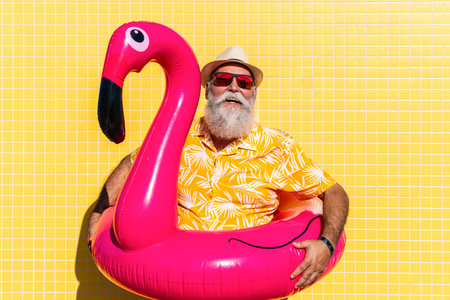 Happy funny senior man portrait on yellow wall with flamingo air mat during summertime - Cheerful old man wearing hawaiian shirt having fun at the sea on summer vacation, elderly lifestyle conceptsの写真素材