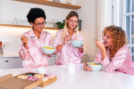 Multiethnic group of young female friends having breakfast during pajamas party at home - Happy cheerful best girlfriends bonding and having fun at homeの写真素材