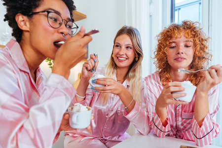 Multiethnic group of young female friends having pajamas party at home - Happy cheerful best girlfriends bonding and having fun at homeの写真素材