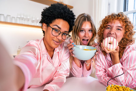 Multiethnic group of young female friends having breakfast during pajamas party at home - Happy cheerful best girlfriends bonding and having fun at homeの写真素材
