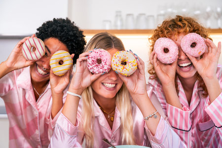 Multiethnic group of young female friends having breakfast during pajamas party at home - Happy cheerful best girlfriends bonding and having fun at homeの写真素材