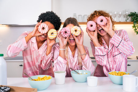 Multiethnic group of young female friends having breakfast during pajamas party at home - Happy cheerful best girlfriends bonding and having fun at homeの写真素材