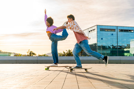 Young multiethnic modern couple with skateboards dating outdoors - Two friends having fun skating around city urban areas, concepts about youth, diversity, green transportation and mobilityの写真素材