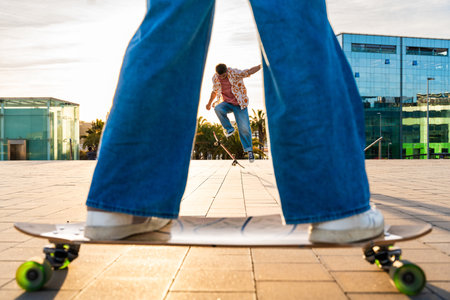 Young multiethnic modern couple with skateboards dating outdoors - Two friends having fun skating around city urban areas, concepts about youth, diversity, green transportation and mobilityの写真素材
