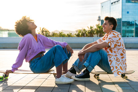 Young multiethnic modern couple with skateboards dating outdoors - Two friends having fun skating around city urban areas, concepts about youth, diversity, green transportation and mobilityの写真素材