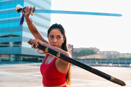 Young woman practicing wushu kung fu with weapons outdoor. Young girl training martial arts form for...