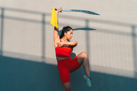 Chinese young woman practicing wushu kung fu with weapons outdoor. Young girl training martial arts...