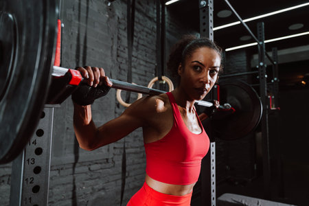 Cinematic image of a fit young woman in red sport outfit doing workout in the gym. Female athlete doing squats with the barbell.の写真素材
