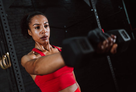 Cinematic image of a fit young woman in red sport outfit doing workout in the gym. Woman using...