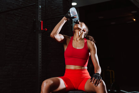Cinematic image of a fit young woman in red sport outfit doing workout in the gym.の写真素材