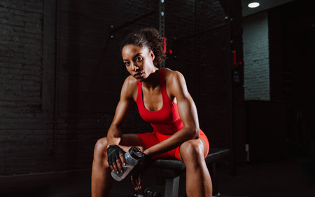 Cinematic image of a fit young woman in red sport outfit doing workout in the gym.の写真素材