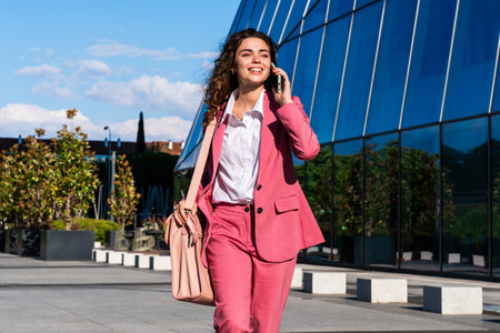 Beautiful young corporate businesswoman wearing colorful elegant suit strolling in the city - Cheerful caucasian woman going to workの写真素材