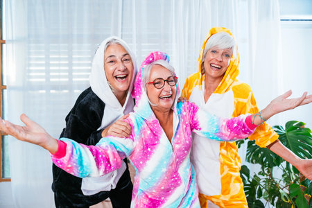 Beautiful senior women having cool pajama party at home - Group of cheerful elderly female friends having fun at home with funny costumes, concepts about old people, lifestyle and quality of lifeの写真素材