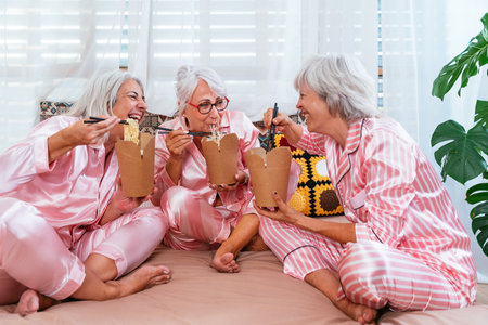 Beautiful senior women having funny pajama party at home - Group of cheerful elderly female friends having fun at home eating asian noodles, concepts about old people, lifestyle and quality of lifeの写真素材