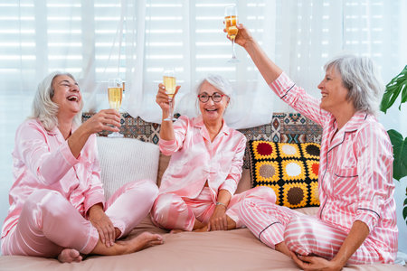 Beautiful senior women having funny pajama party at home - Group of cheerful elderly female friends having fun and celebrating with wine, concepts about old people, lifestyle and quality of lifeの写真素材