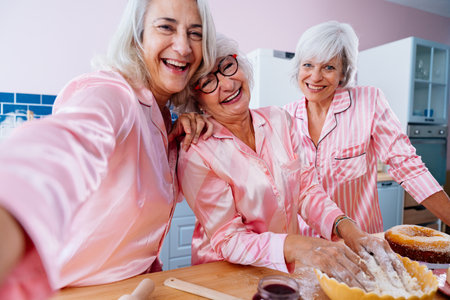 Beautiful senior women having funny pajama party at home - Group of cheerful elderly female friends having fun at home and baking in the kitchen, concepts about old people, lifestyle and quality of lifeの写真素材