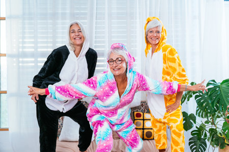 Beautiful senior women having cool pajama party at home - Group of cheerful elderly female friends having fun at home with funny costumes, concepts about old people, lifestyle and quality of lifeの写真素材