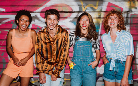 Group of friends going out in the evening and having party. Young people meeting outdoors in the weekend and celebrating together. Concept about youth and lifestyle.の写真素材
