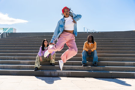 Young group of multiethnic hip-hop dancers wearing colorful urban streetwear dancing - Stylish multiracial rap crew portrait in the cityの写真素材