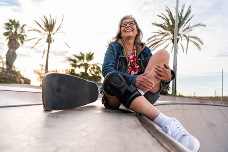 Beautiful active senior woman skateboarding at skate city park - Mature adult female skateboarder...