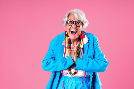 Beautiful senior woman with gray hair wearing colorful stylish clothing portrait in studio - Cheerful old grandmother with fashionable styleの写真素材