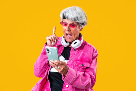 Beautiful senior woman with gray hair wearing colorful stylish clothing portrait in studio - Cheerful old grandmother with fashionable styleの写真素材