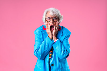Beautiful senior woman with gray hair wearing colorful stylish clothing portrait in studio - Cheerful old grandmother with fashionable styleの写真素材