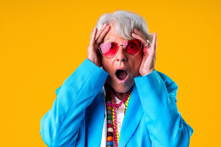 Senior woman with gray hair wearing colorful stylish clothing portrait in studio - Cheerful old grandmother with fashionable styleの写真素材