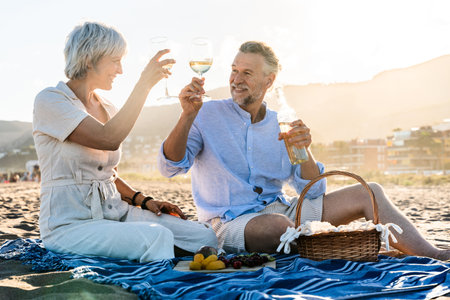 Beautiful happy senior couple dating at the seaside during summertime - Mature married couple in love bonding outdoors at the beach, concepts about elderly lifestyle, relationship and quality of lifeの写真素材