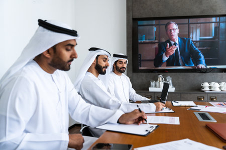 Arab businessmen wearing emirati kandura meeting in office for business deal - Corporate business group of middle-eastern people working in an international company in middle eastの写真素材