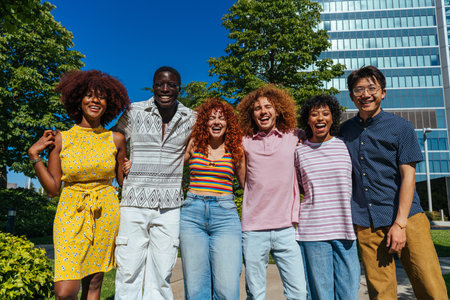 Multiethnic group of young friends meeting and having fun outdoors - Multiracial happy and stylish...