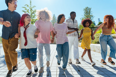 Multiethnic group of young friends meeting and having fun outdoors - Multiracial happy and stylish teen students bonding in the city, concepts about youth, teenagers lifestyle and diversityの写真素材