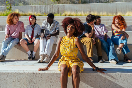 Multiethnic group of young friends meeting and having fun outdoors - Multiracial happy and stylish teen students bonding in the city, concepts about youth, teenagers lifestyle and diversityの写真素材