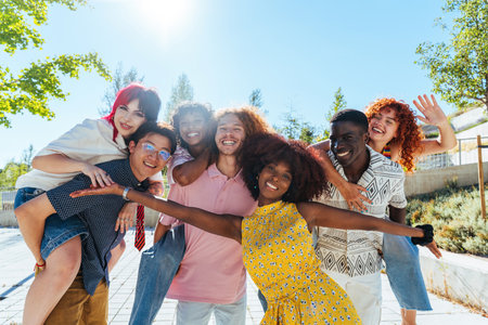 Multiethnic group of young friends meeting and having fun outdoors - Multiracial happy and stylish teen students bonding in the city, concepts about youth, teenagers lifestyle and diversityの写真素材